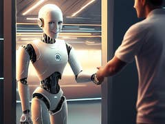 A humanoid robot greets a person in a modern setting.