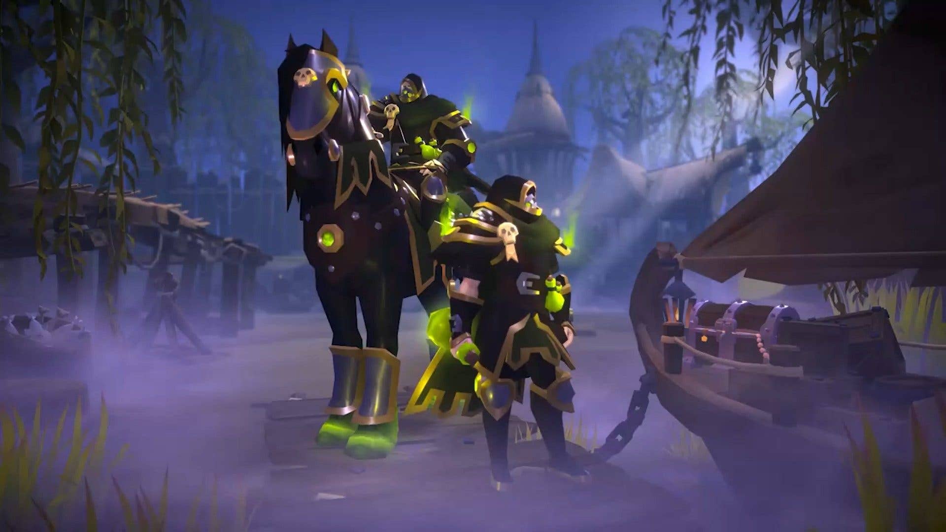 A dark horse with a rider in black armor stands by a boat, with a treasure chest in a misty environment.