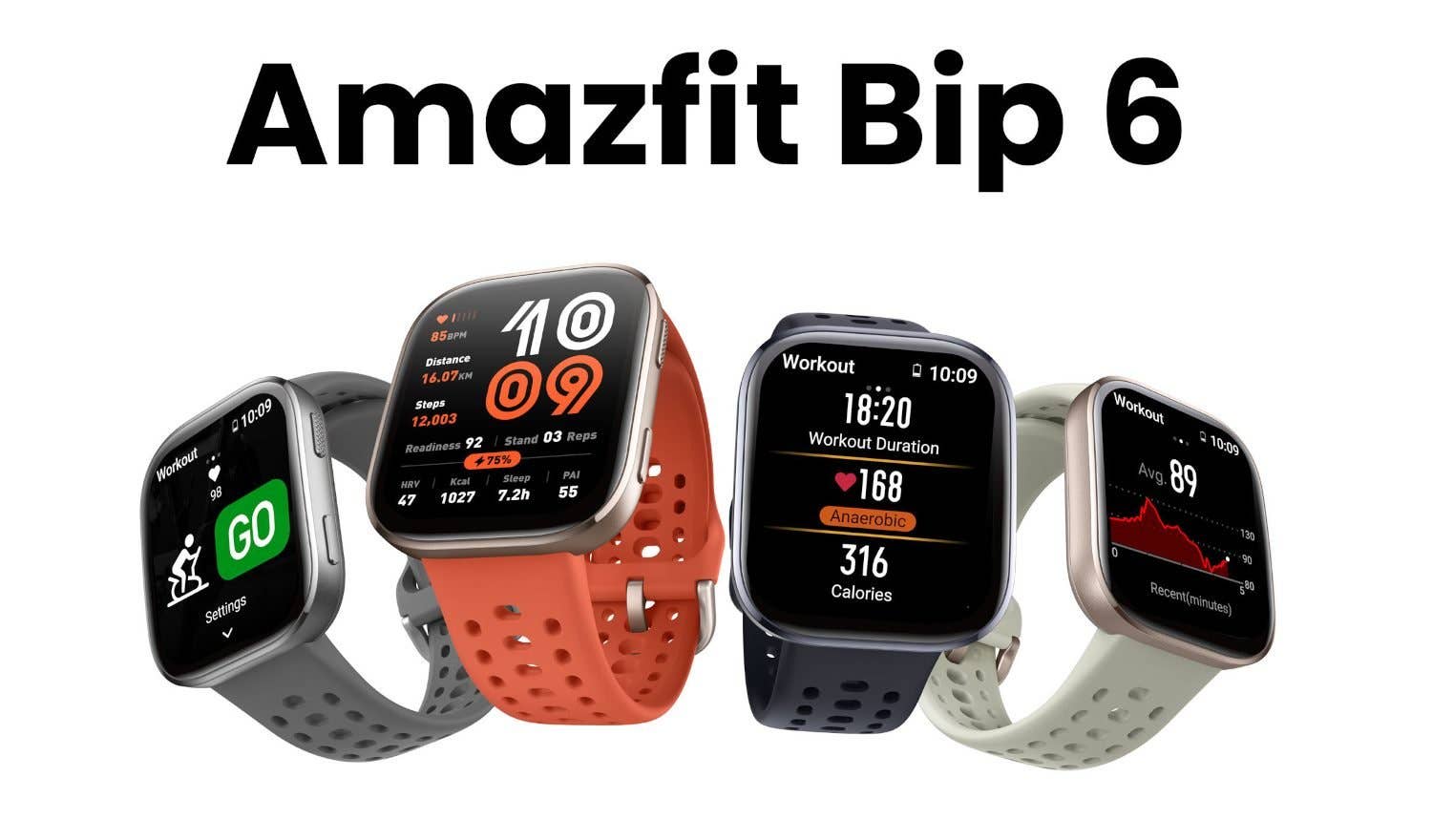 Amazfit Bip 6 smartwatches displaying workout stats and features.