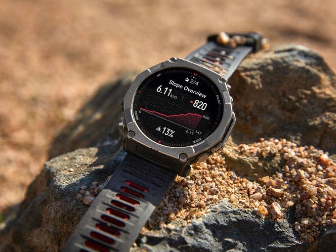 The Amazfit T-Rex Ultra 2 smartwatch in a desert