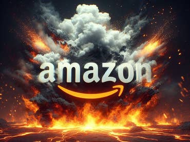 Amazon logo in a fiery environment.