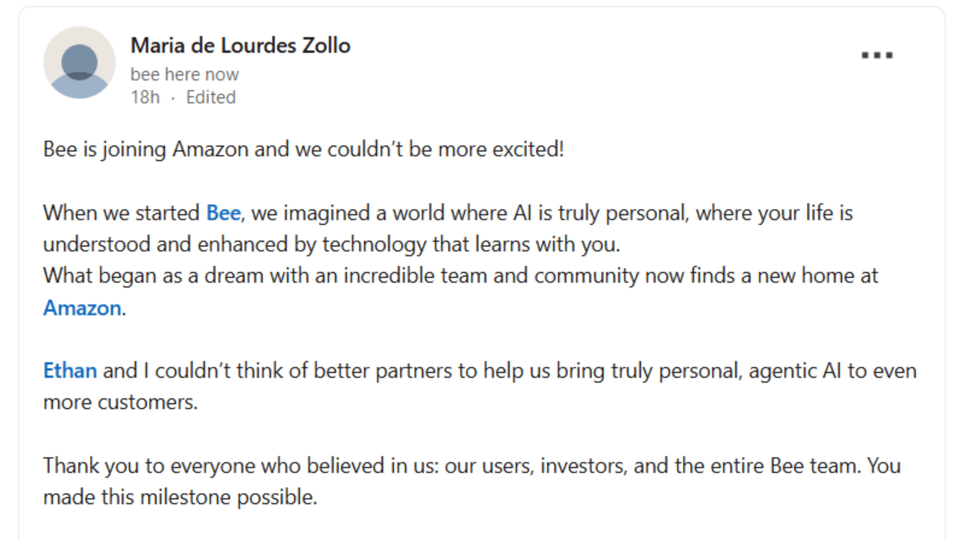 Maria de Lourdes Zollo announces Bee's joining Amazon, expressing excitement about the partnership.