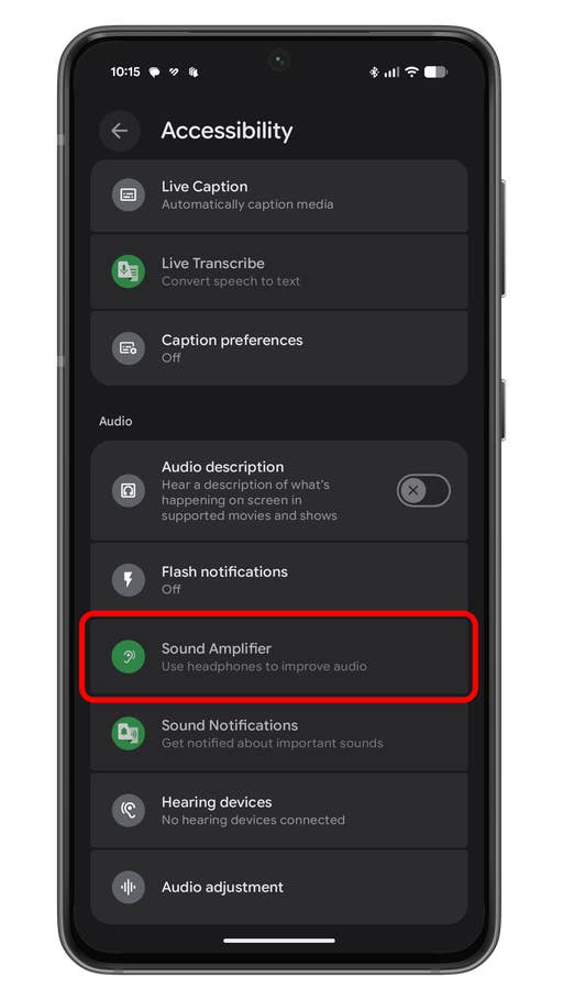 Android accessibility settings with options like Sound Amplifier and Live Caption.
