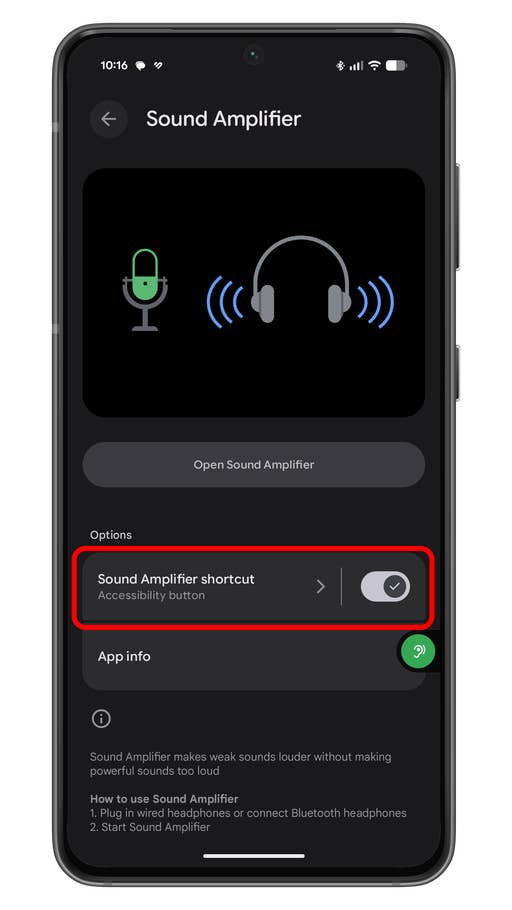 Sound Amplifier app interface showing accessibility options and shortcut settings.