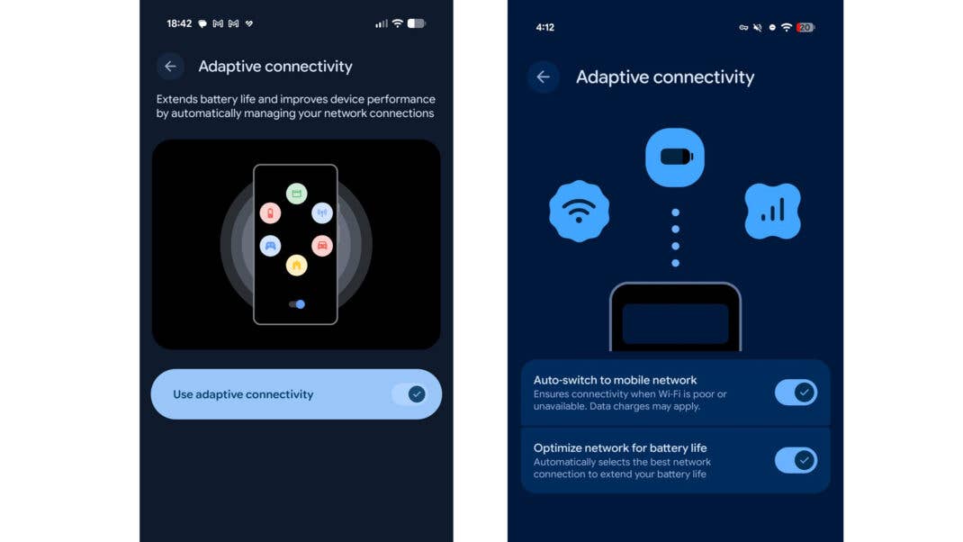 Android 16 Adaptive connectivity feature with battery life-saving toggle