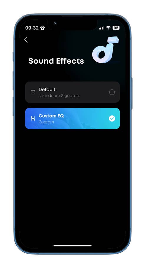 Smartphone with sound settings showing standard and custom EQ options.