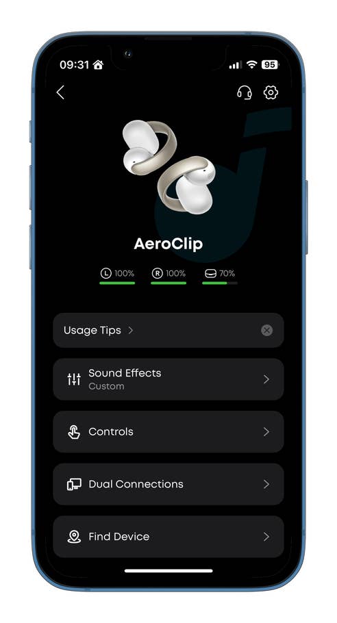 A smartphone screen showing the AeroClip earbud settings with battery levels and options.