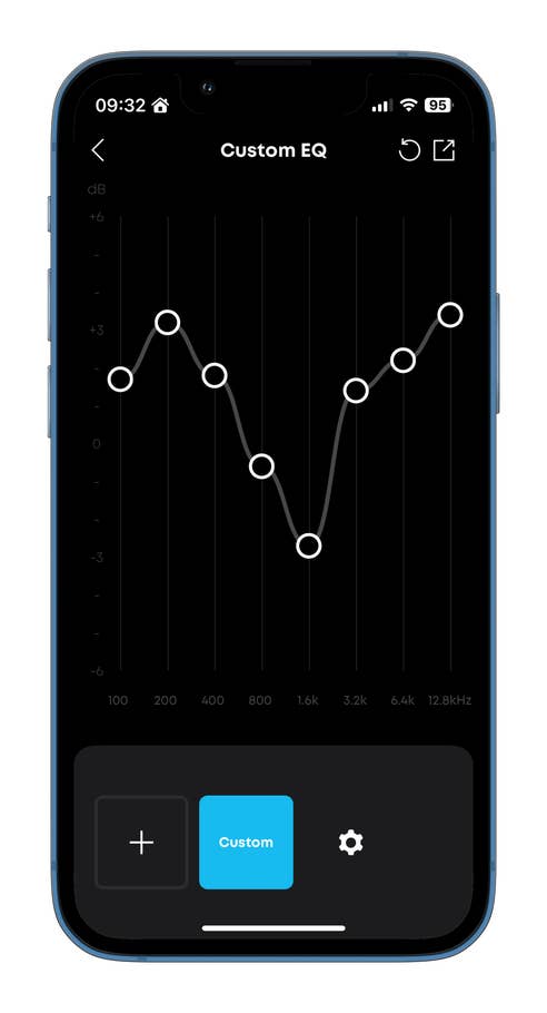 A smartphone screen shows a custom equalizer with frequency controls and decibel levels.
