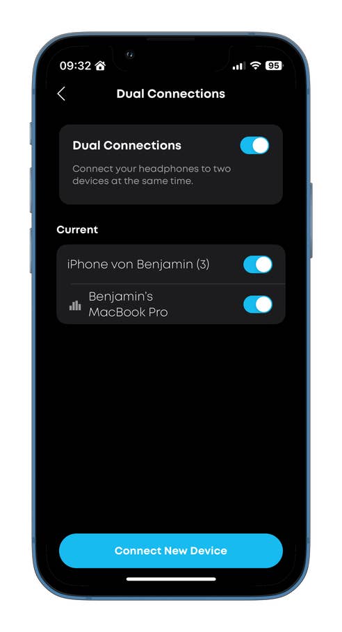 Settings screen for Ankeru0027s Soundcore Aeroclip showing dual connections for earbuds.