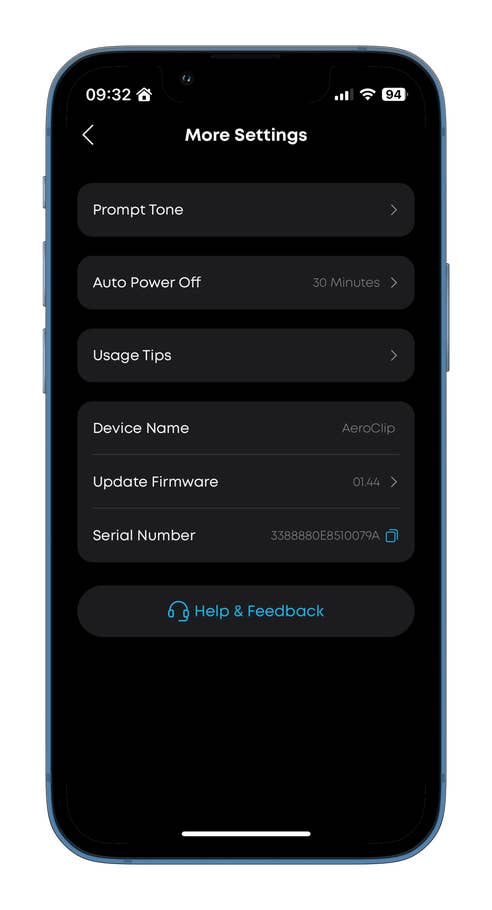 Ankeru0027s Soundcore AeroClip settings screen with its various options.