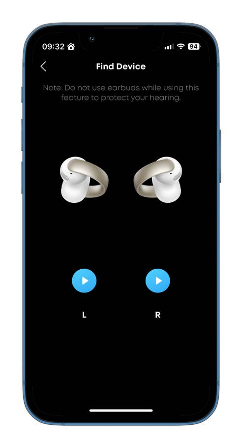 User interface showing u0027Find Deviceu0027 feature for Ankeru0027s Soundcore AeroClip earbuds.
