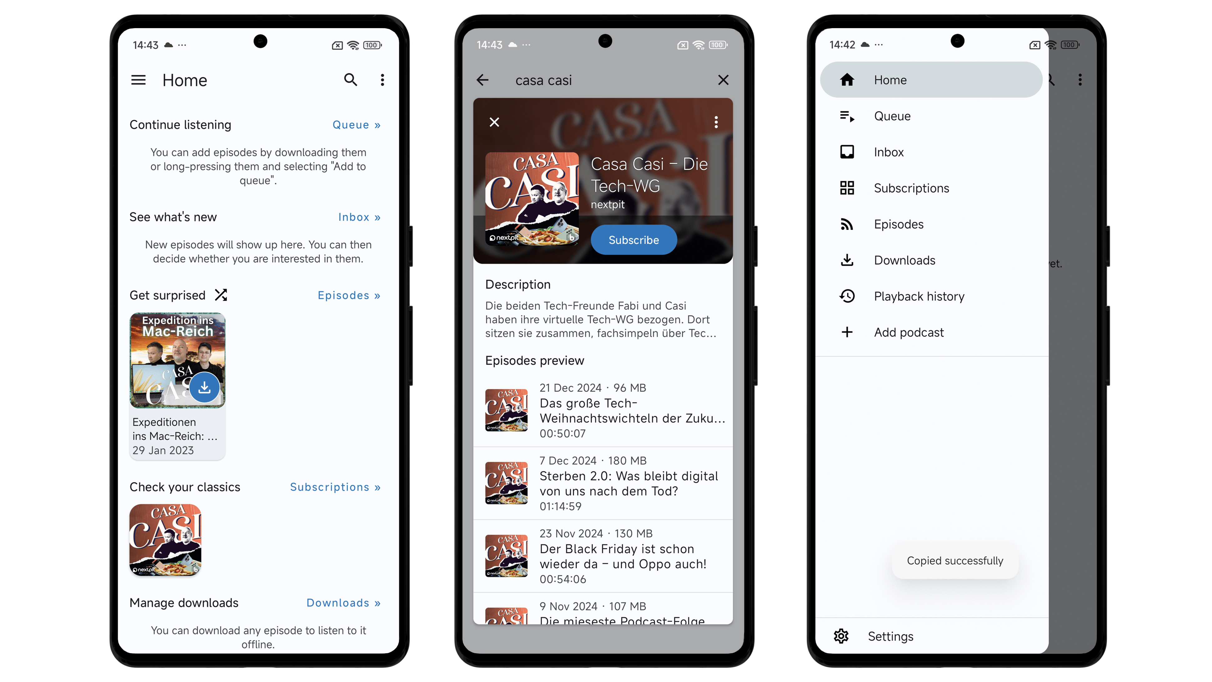 Overview of AntennaPod app with sections for Home, Queue, Episodes, and Downloads. Overview of AntennaPod app with sections for Home, Queue, Episodes, and Downloads.