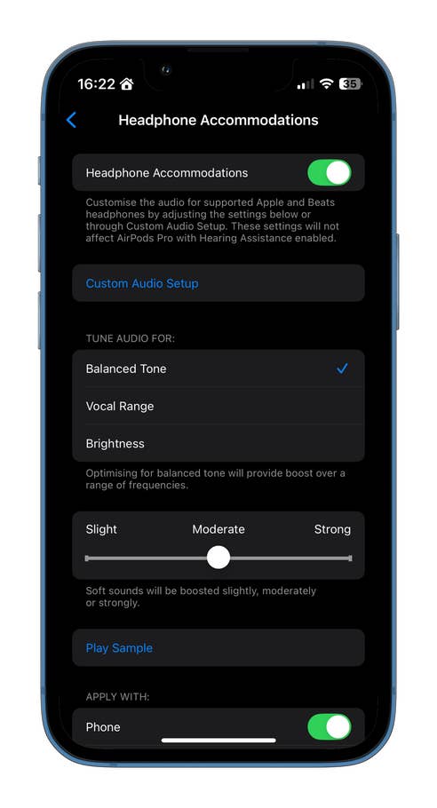 Headphone accommodations settings on an iPhone for AirPods, with options for audio tuning and application settings.