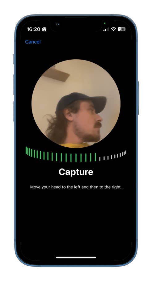 A smartphone screen displaying a capture instruction for Apple AirPods setup.