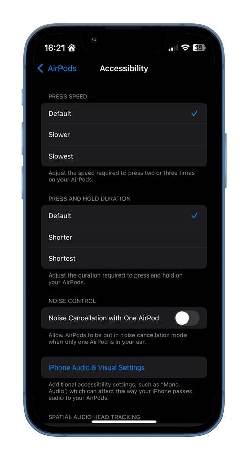 AirPods accessibility settings on iPhone, showing press speed and noise control options.