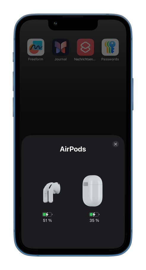 Apple AirPods battery status showing 51% for the left earbud and 35% for the case.