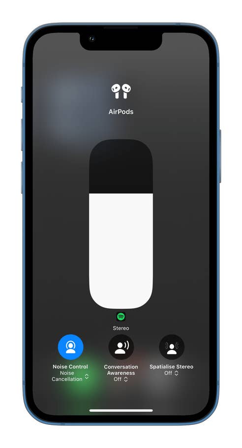 AirPods interface on an iPhone showing Noise Control, Conversation Awareness, and Spatialise Stereo options.
