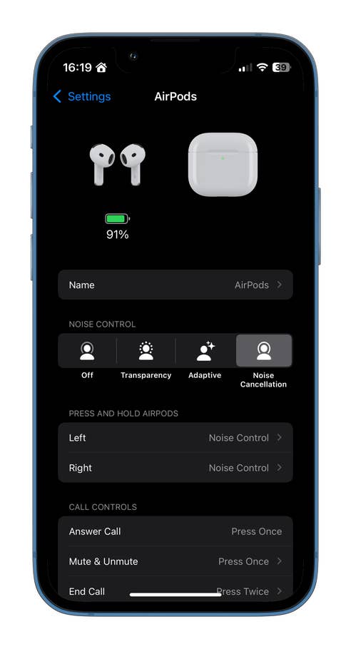 Settings screen showing AirPods with battery level at 91% and noise control options.
