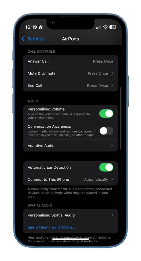 Settings menu for AirPods with options for call controls and audio settings.
