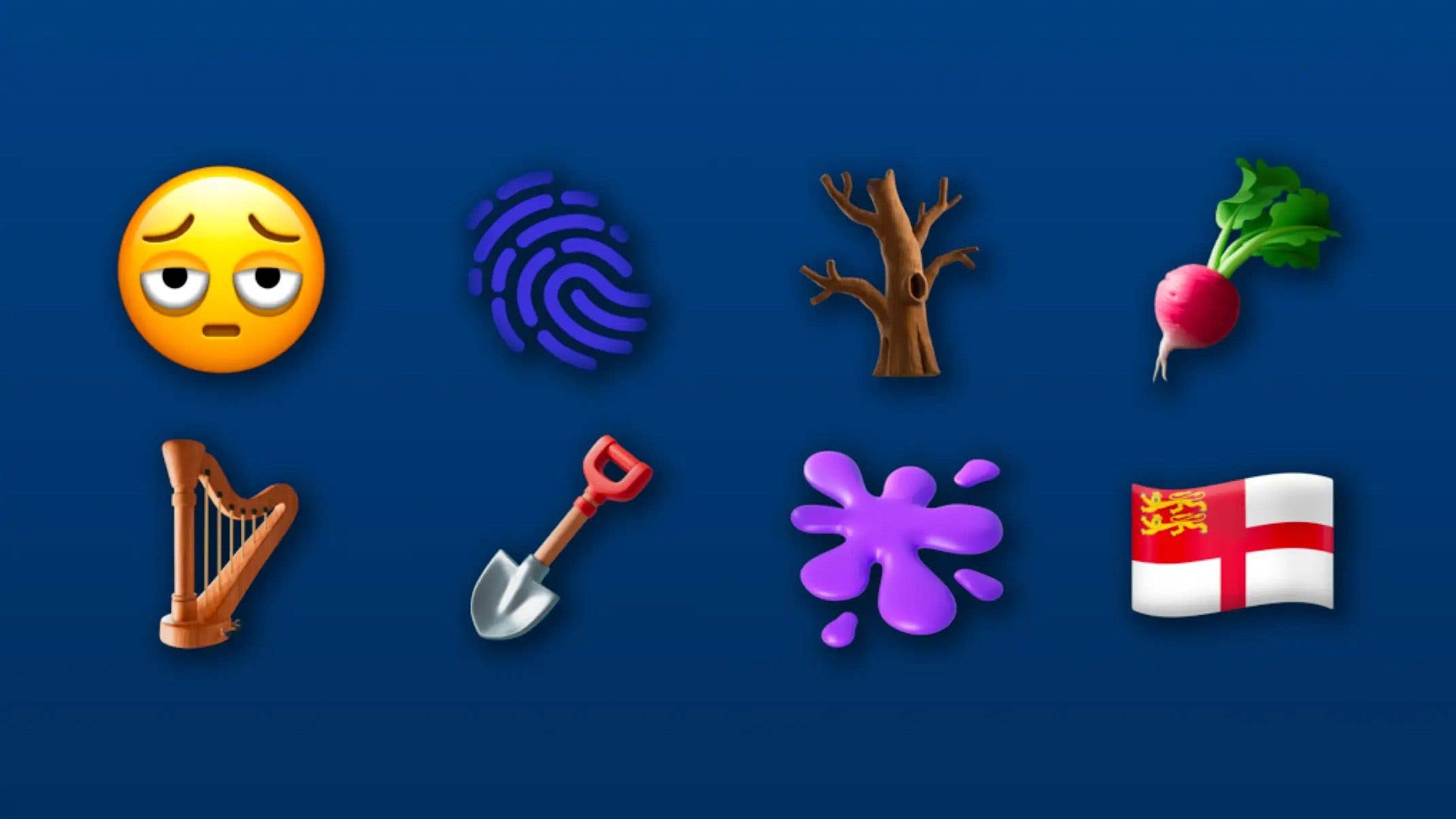 Eight emojis: pensive face, fingerprint, tree, harp, shovel, radish, paint splash, and flag. Eight emojis: pensive face, fingerprint, tree, harp, shovel, radish, paint splash, and flag.
