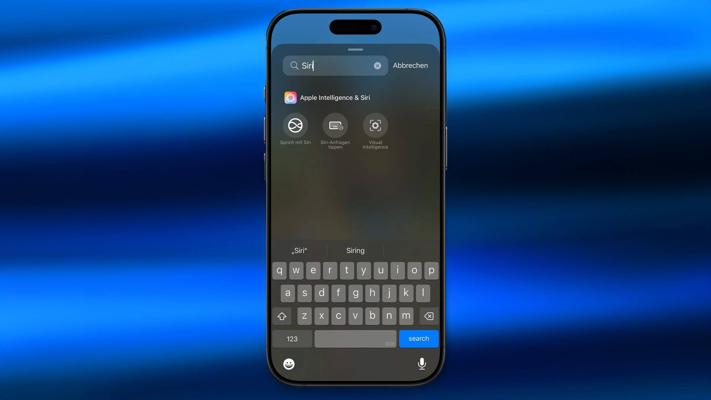 iPhone screen showing Siri search with options below. iPhone screen showing Siri search with options below.