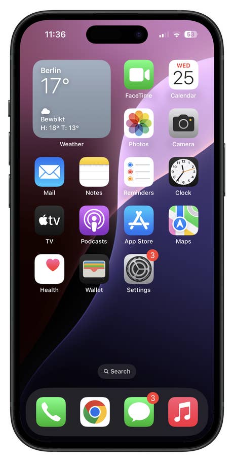 iPhone 16 home screen with weather, apps, and notifications.