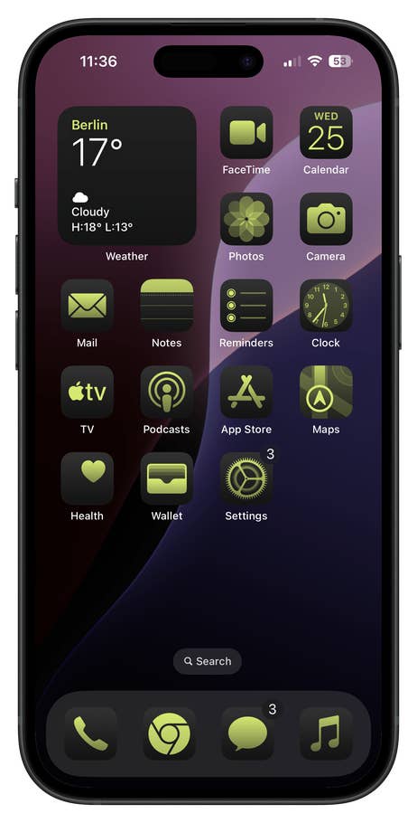 An Apple iPhone 16 showing the weather in Berlin with 17° and cloudy conditions.