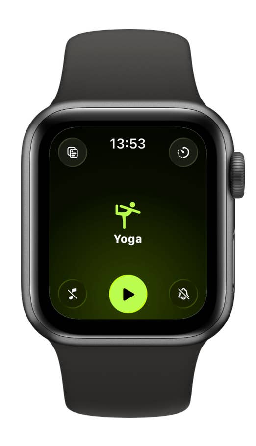An Apple Watch SE 3 shows off a yoga timer at 1:53 PM with play and pause buttons.