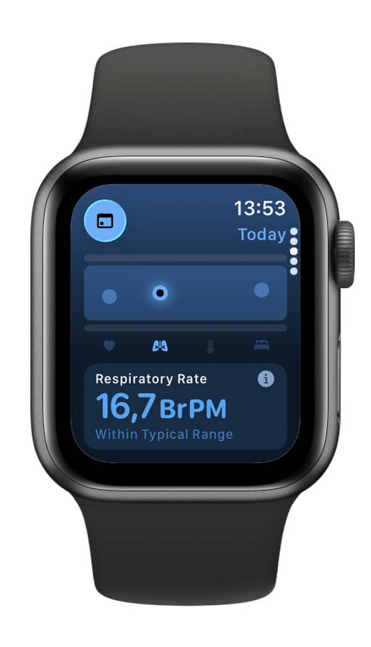 An Apple Watch SE 3 shows the respiratory rate: 16.7 BrPM, falling within the normal range.