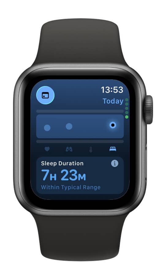 An Apple Watch SE 3 shows off one's sleep duration: 7h 23m falls within the typical range.