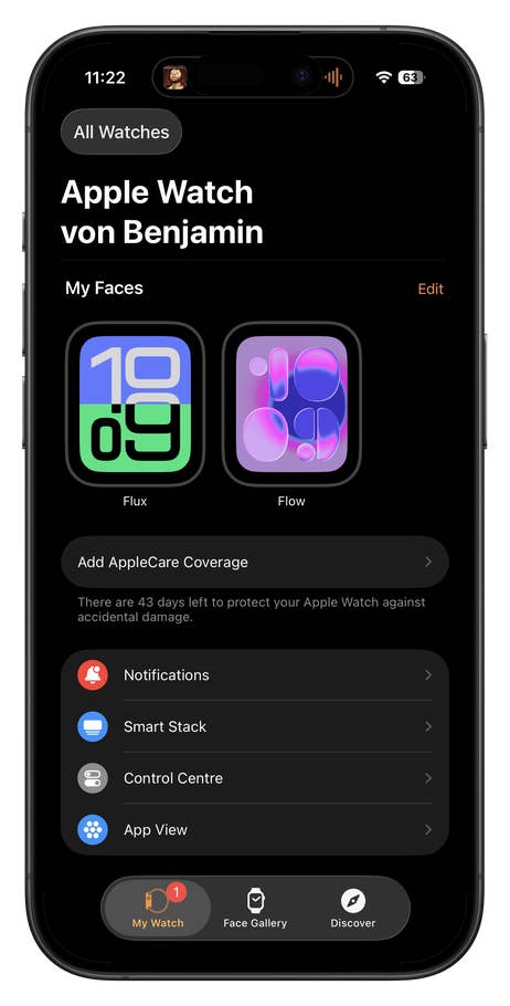 Apple Watch settings with watch faces, notifications, and AppleCare information.