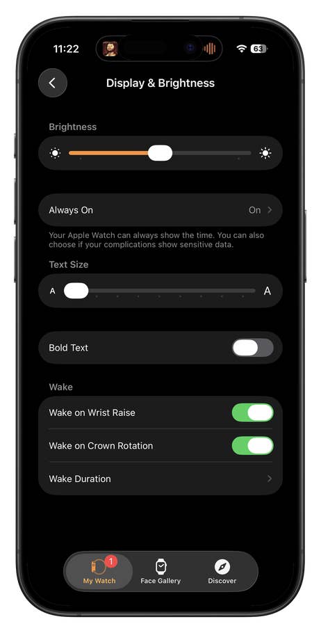 Apple Watch SE 3 display and brightness settings, including brightness controls, text size, etc.