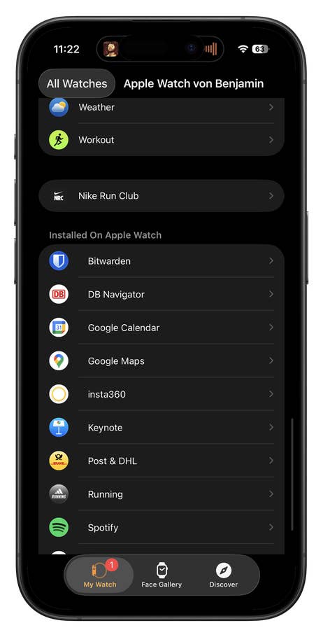 Apple Watch user interface with installed apps such as Weather, Workout, and Spotify.
