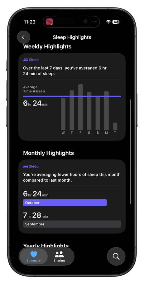 Apple Watch SE 3 Sleep Highlights show weekly and monthly sleep data.