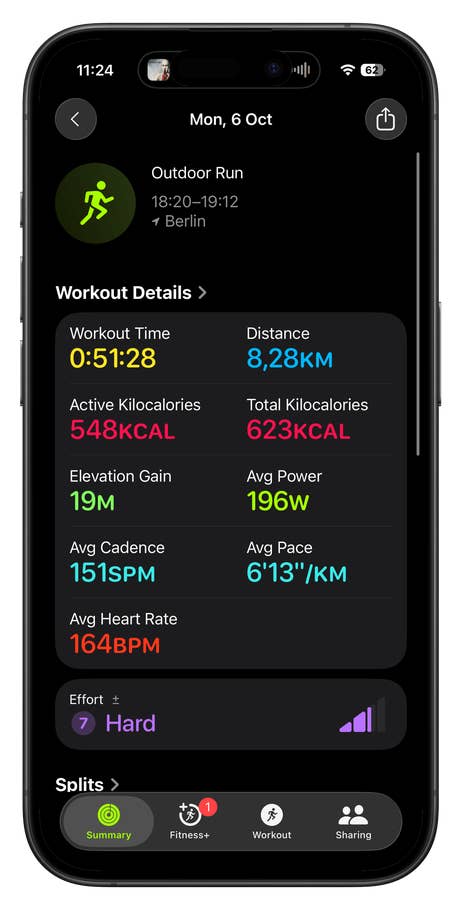 An Apple Watch SE 3 shows a summary of the outdoor run on October 6.