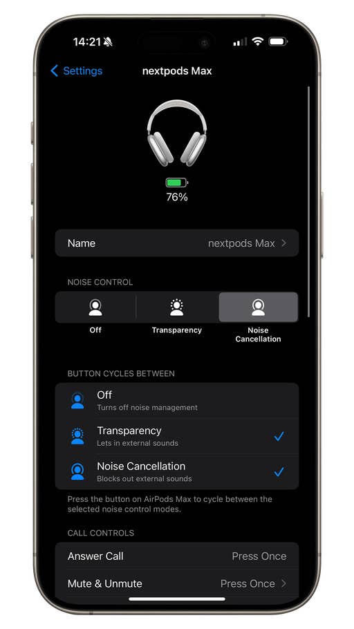 Screenshot of AirPods Max iOS 17 settings with active noise reduction and transparency features