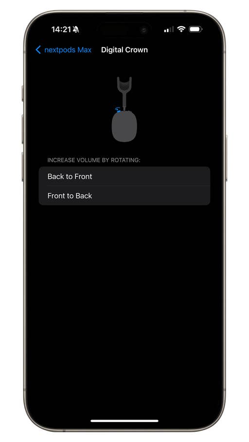 Screenshot of AirPods Max iOS 17 settings showing changing direction of crown rotation