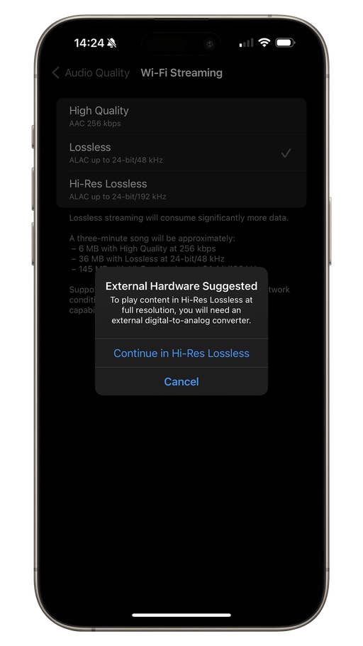 Screenshot of AirPods Max iOS 17 settings showing that you need an external DAC to listen to lossles
