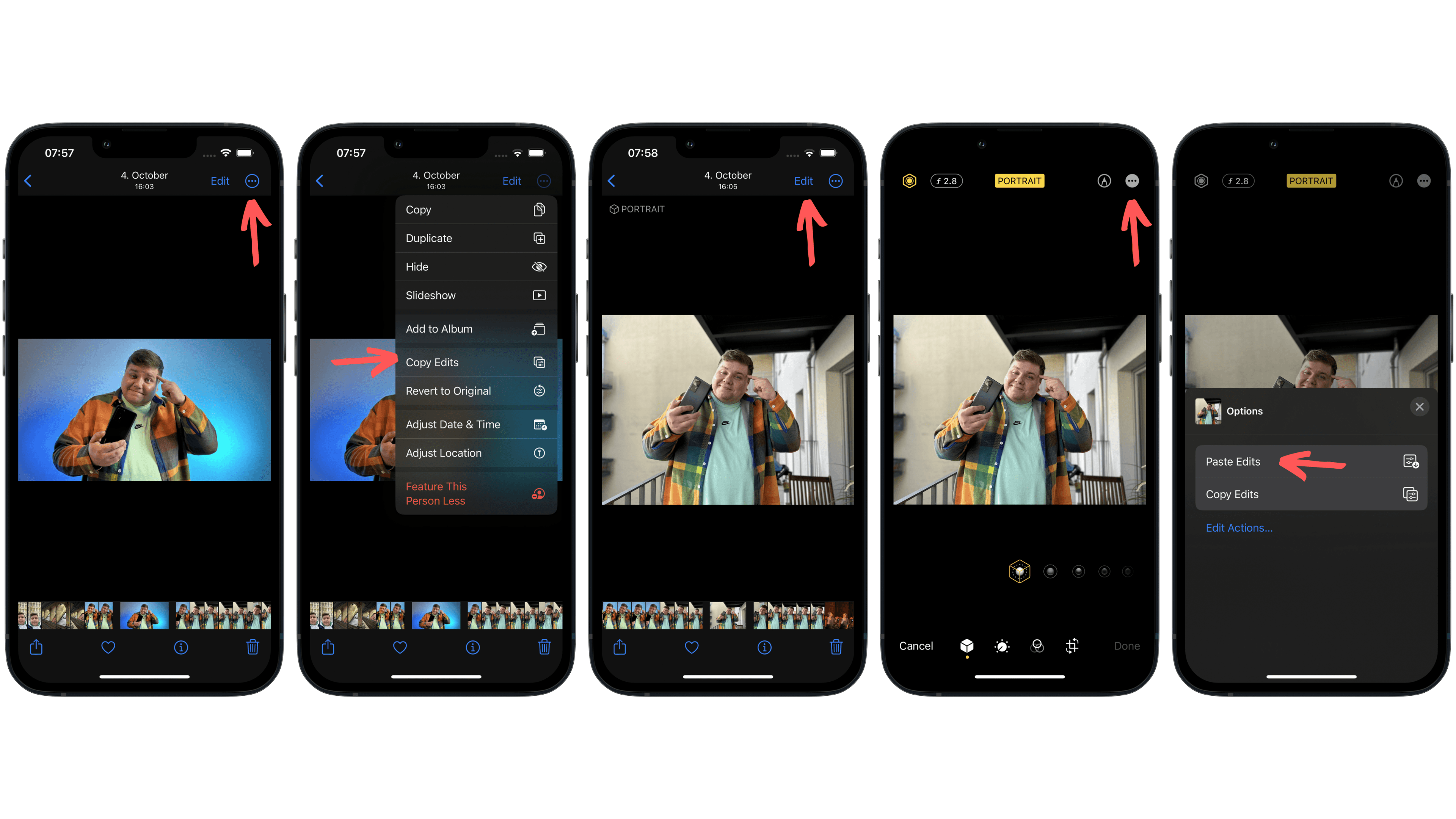Screenshots showing how to copy and paste changes from photos on iPhone