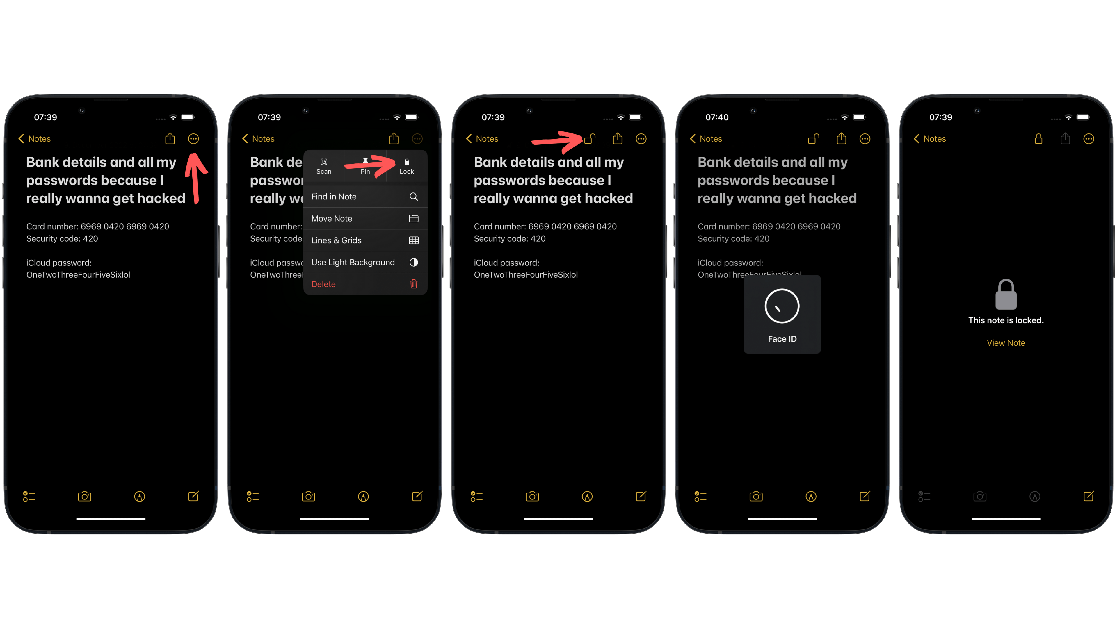 Screenshots demonstrating how to secure notes in the Notes app on iOS