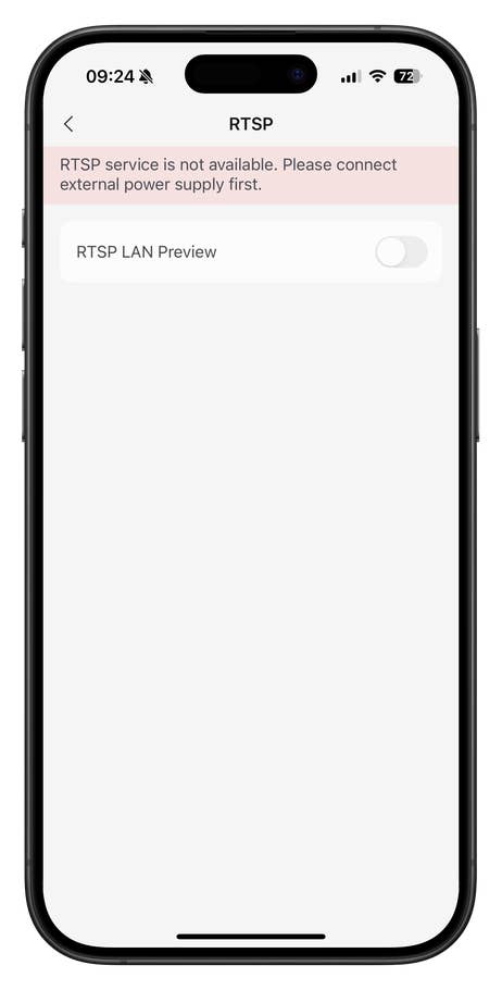 RTSP settings screen with a message about service unavailability and a toggle for RTSP LAN Preview.