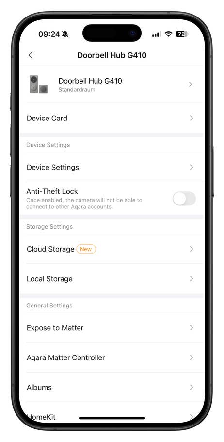 Settings interface for Aqara Doorbell Hub G410 on a smartphone, showing device options and features.
