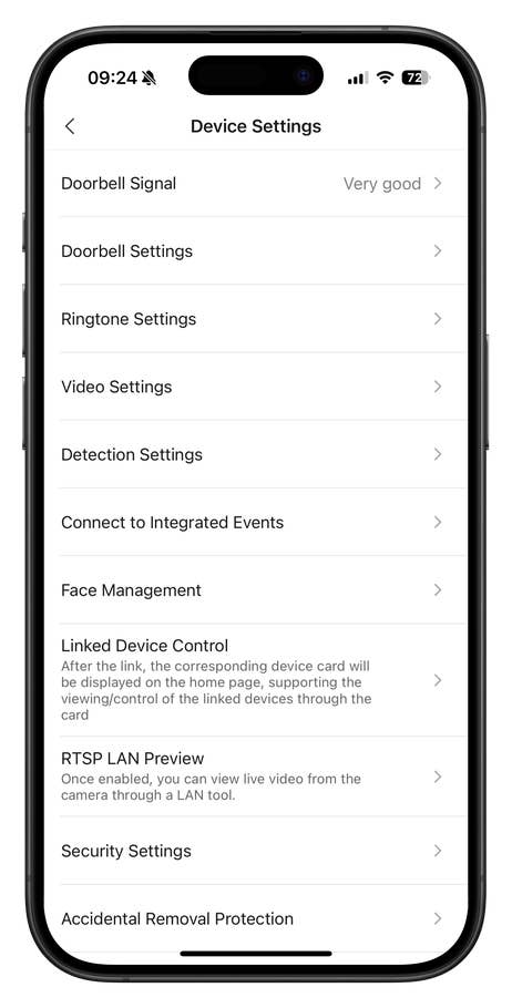Device settings menu for the Aqara Doorbell Camera Hub G410.