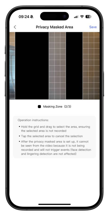 Screen showing privacy masked area settings for Aqara Doorbell Camera Hub G410.