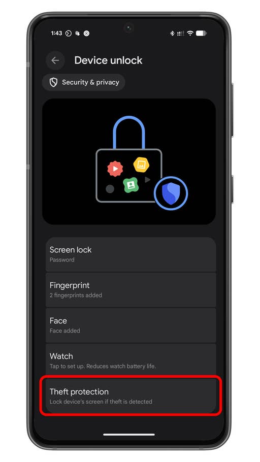Android device security settings screen showing u0027Theft protectionu0027 and options for screen lock and fingerprint.