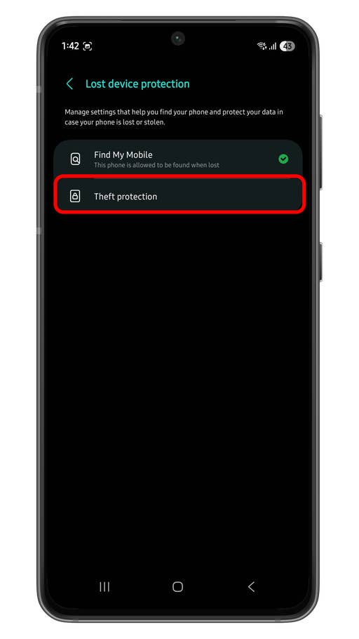 Android phone screen showing Lost device protection settings with options for Find My Mobile and Theft protection.