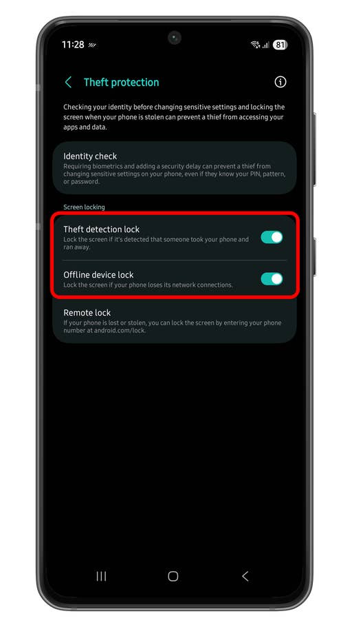 Android settings screen showing theft protection options: theft detection lock and offline device lock.