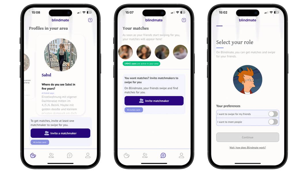 Three mobile screens showing the Blindmate app interface, featuring profiles, matches, and role selection.