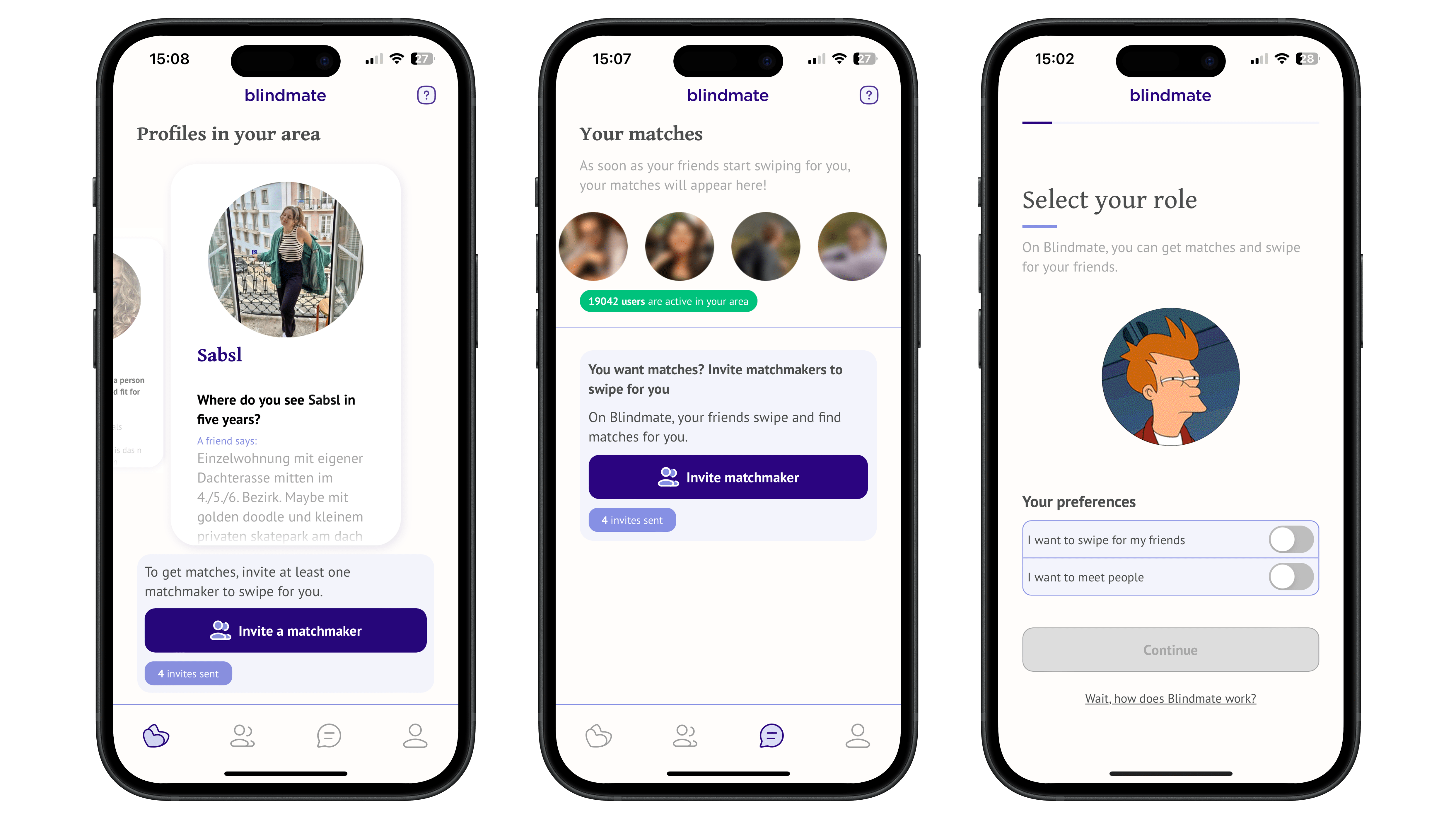 Three mobile screens showing the Blindmate app interface, featuring profiles, matches, and role selection. Three mobile screens showing the Blindmate app interface, featuring profiles, matches, and role selection.