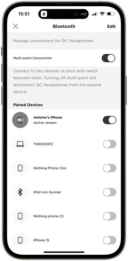 Screenshot of the Bose Music app on the Bose QuietComfort Headphones wireless headphones